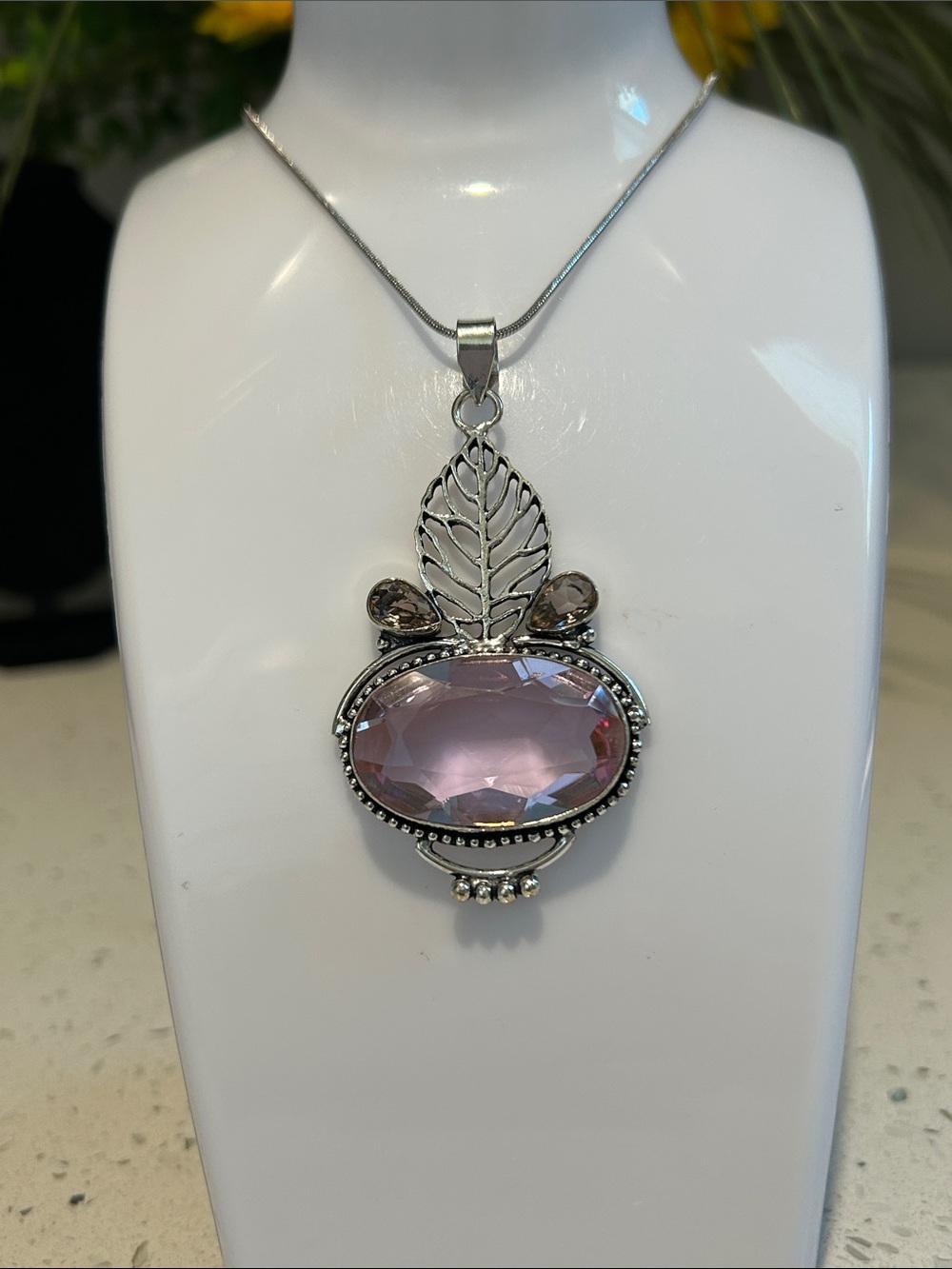 Pink Topaz & Morganite Gemstone Handmade Leaf Pendant Necklace